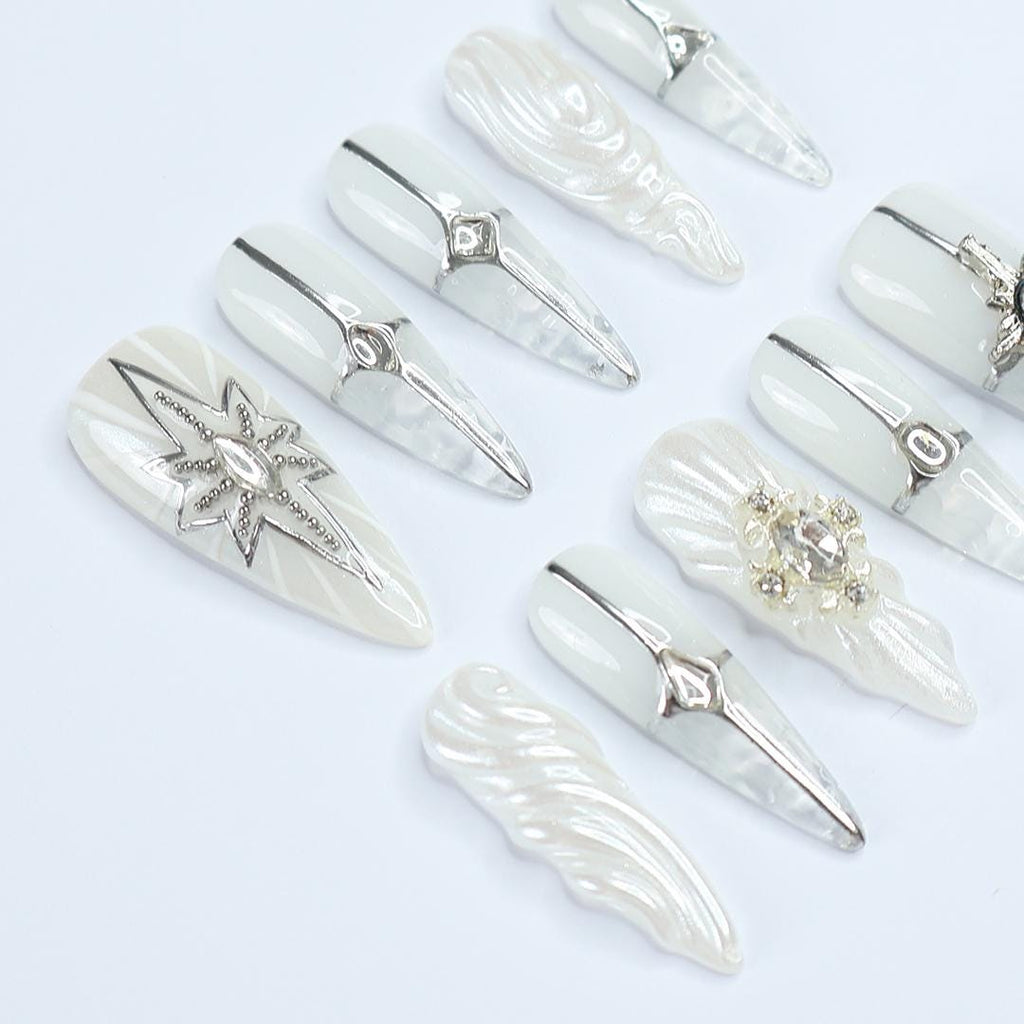 Elevate Your Holiday Style: Stunning Long Almond Press-On Nails with Silver & Chrome Lining - Perfect for Christmas Day or Gift for Her