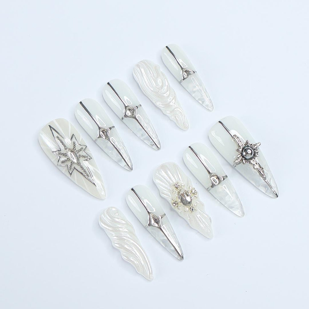 Elevate Your Holiday Style: Stunning Long Almond Press-On Nails with Silver & Chrome Lining - Perfect for Christmas Day or Gift for Her