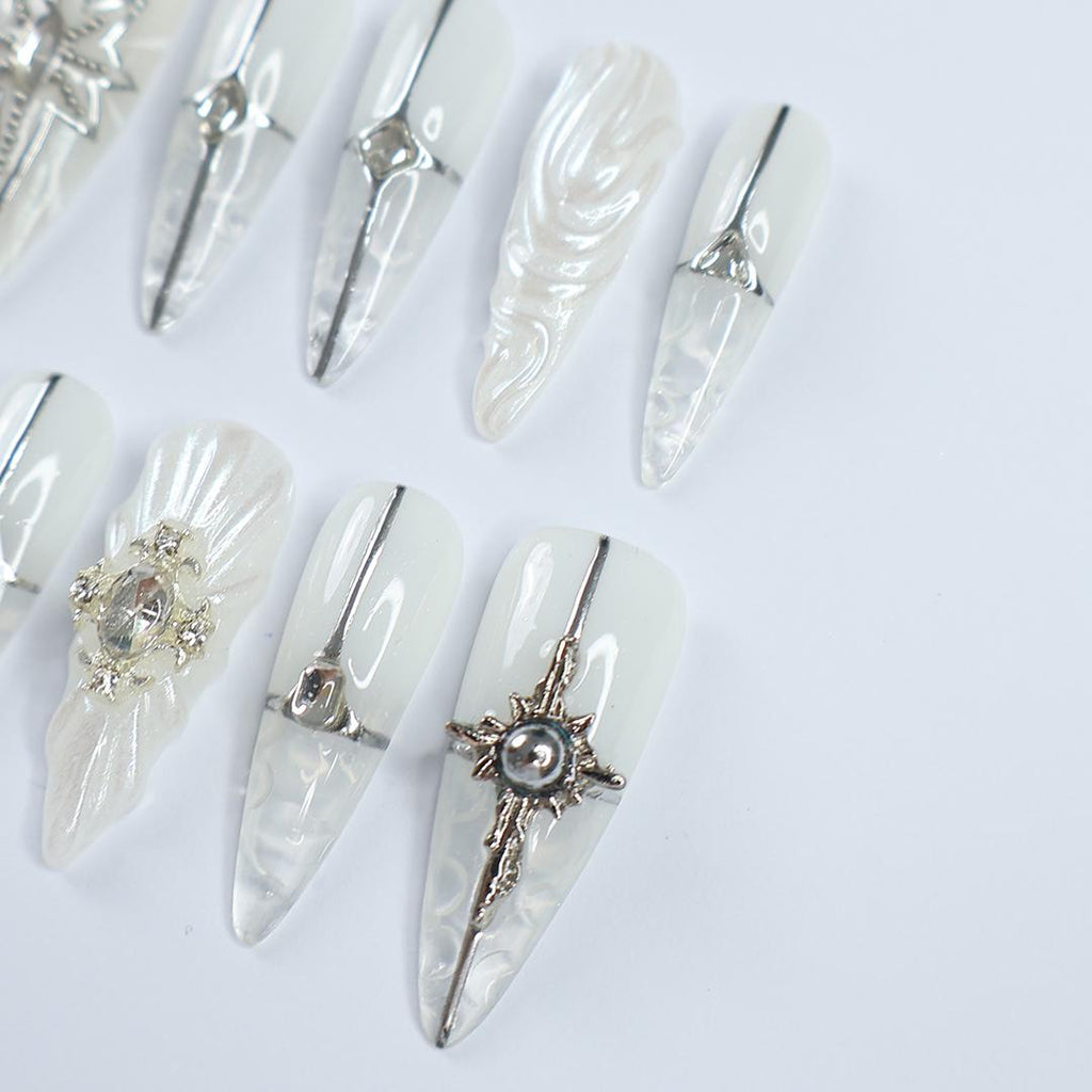 Elevate Your Holiday Style: Stunning Long Almond Press-On Nails with Silver & Chrome Lining - Perfect for Christmas Day or Gift for Her