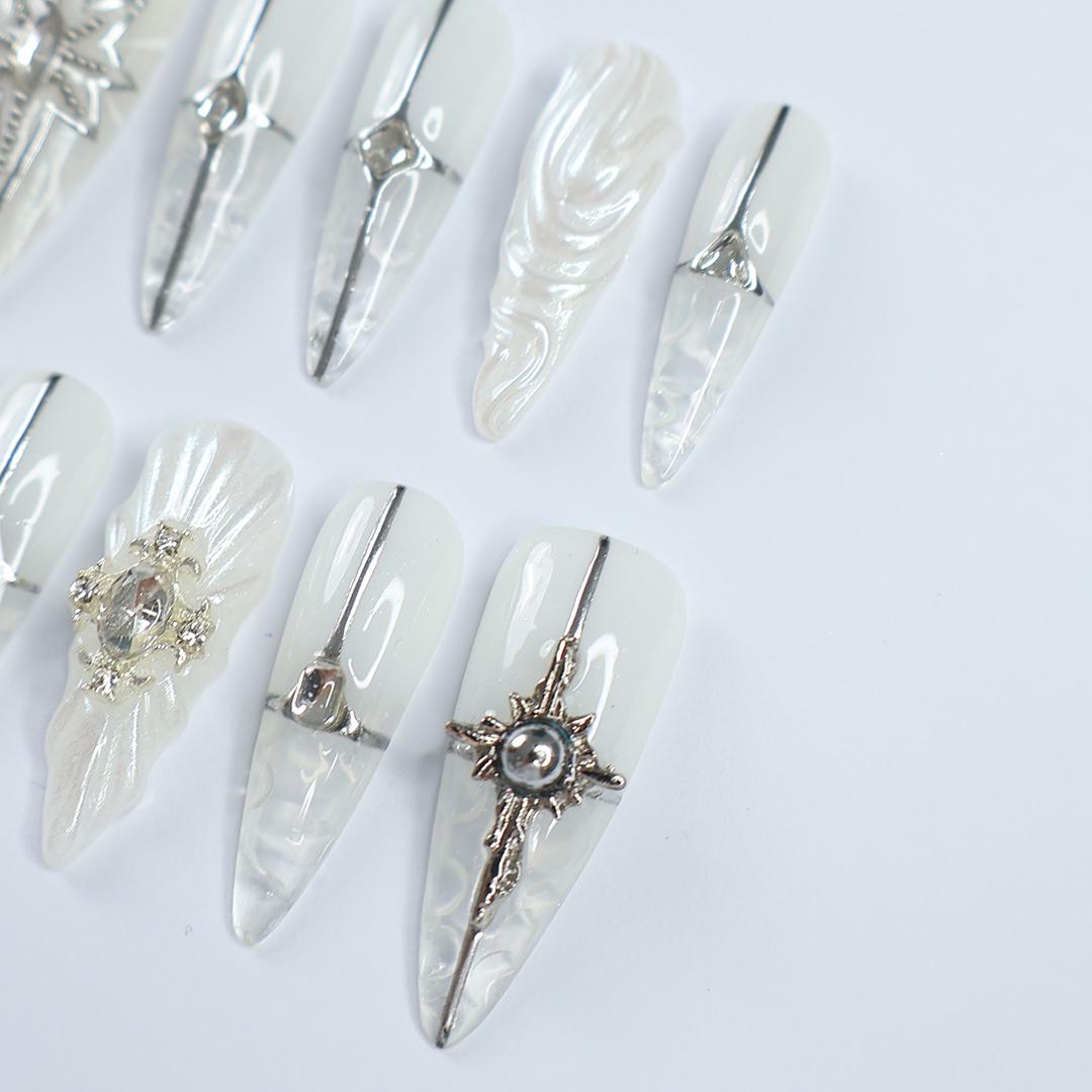 Elevate Your Holiday Style: Stunning Long Almond Press-On Nails with Silver & Chrome Lining - Perfect for Christmas Day or Gift for Her