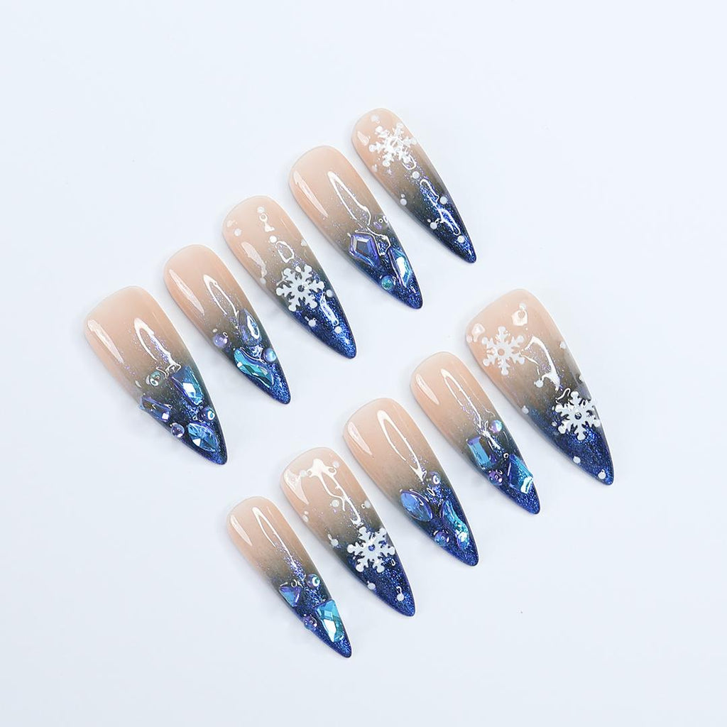 Sparkling Long Almond Press-On Nails: Blue Gems & White Snow Design Perfect for Christmas Day or a Gorgeous Gift for Her