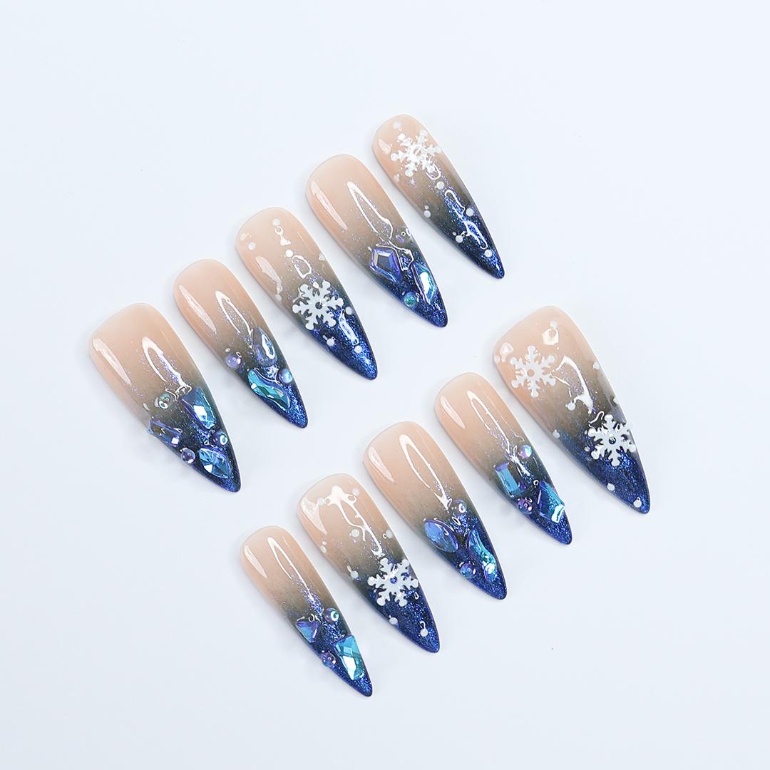 Sparkling Long Almond Press-On Nails: Blue Gems & White Snow Design Perfect for Christmas Day or a Gorgeous Gift for Her