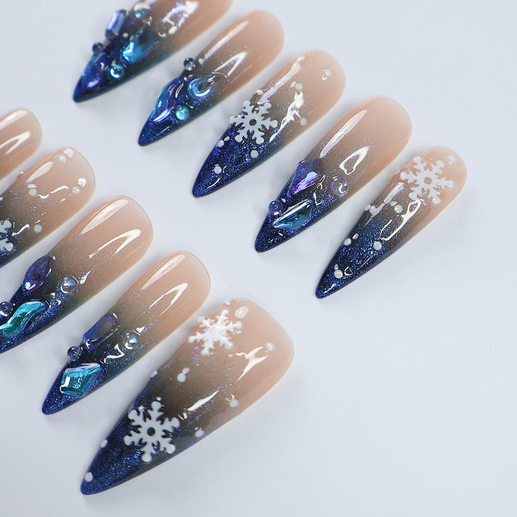 Sparkling Long Almond Press-On Nails: Blue Gems & White Snow Design Perfect for Christmas Day or a Gorgeous Gift for Her