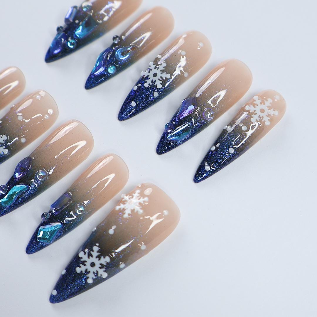 Sparkling Long Almond Press-On Nails: Blue Gems & White Snow Design Perfect for Christmas Day or a Gorgeous Gift for Her