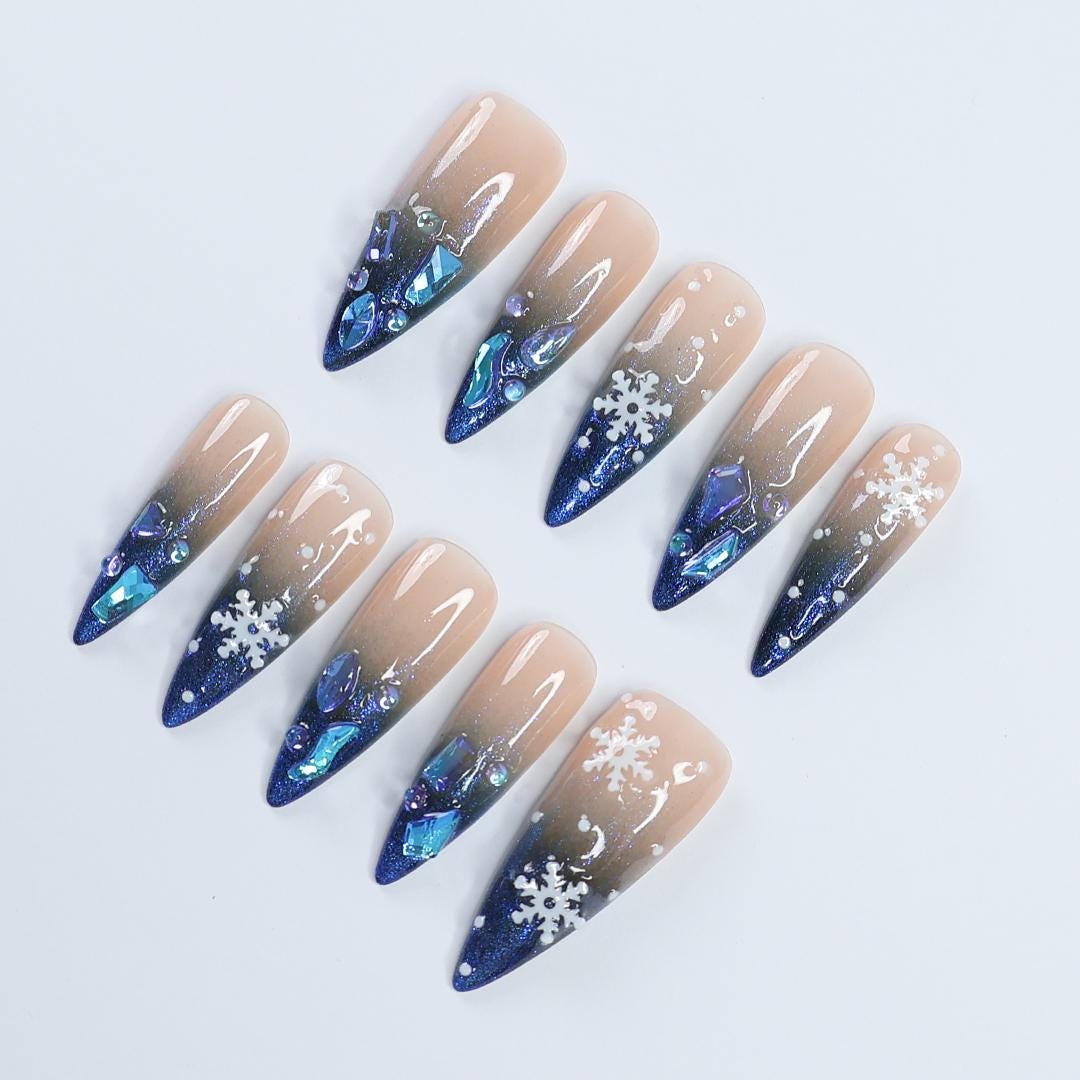 Sparkling Long Almond Press-On Nails: Blue Gems & White Snow Design Perfect for Christmas Day or a Gorgeous Gift for Her