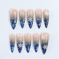 Sparkling Long Almond Press-On Nails: Blue Gems & White Snow Design Perfect for Christmas Day or a Gorgeous Gift for Her
