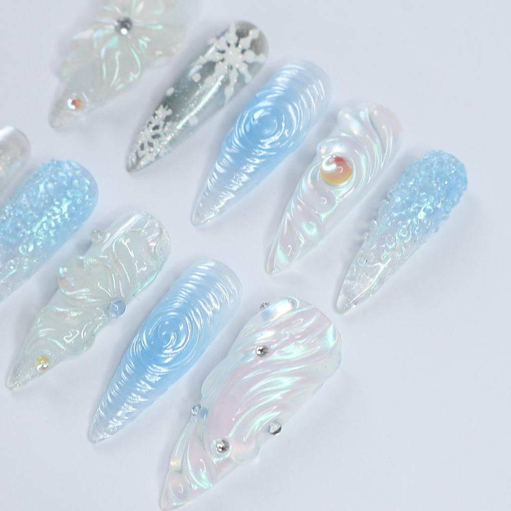 Chilly Elegance: Long Almond Press-On Nails Adorned with 3D Flowers, Perfectly Themed for Christmas Celebrations and Gifting