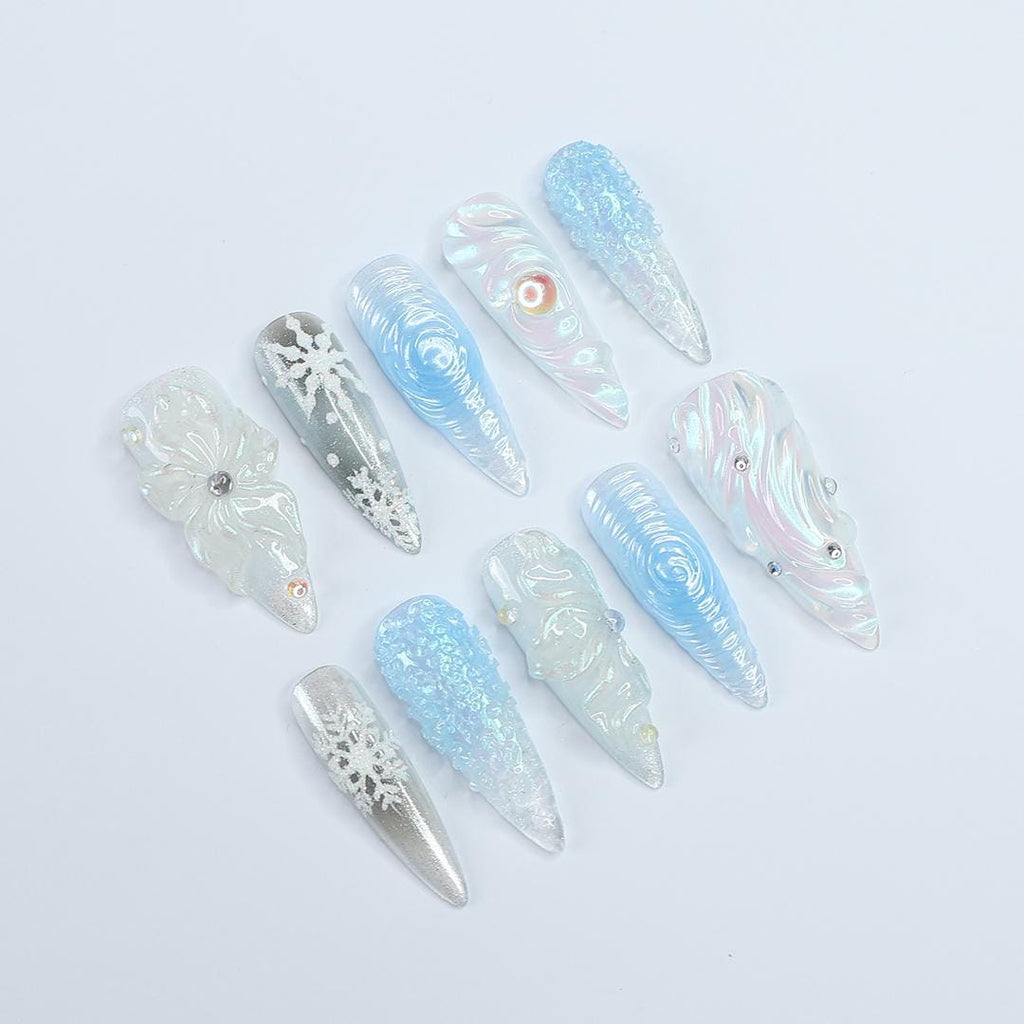Chilly Elegance: Long Almond Press-On Nails Adorned with 3D Flowers, Perfectly Themed for Christmas Celebrations and Gifting