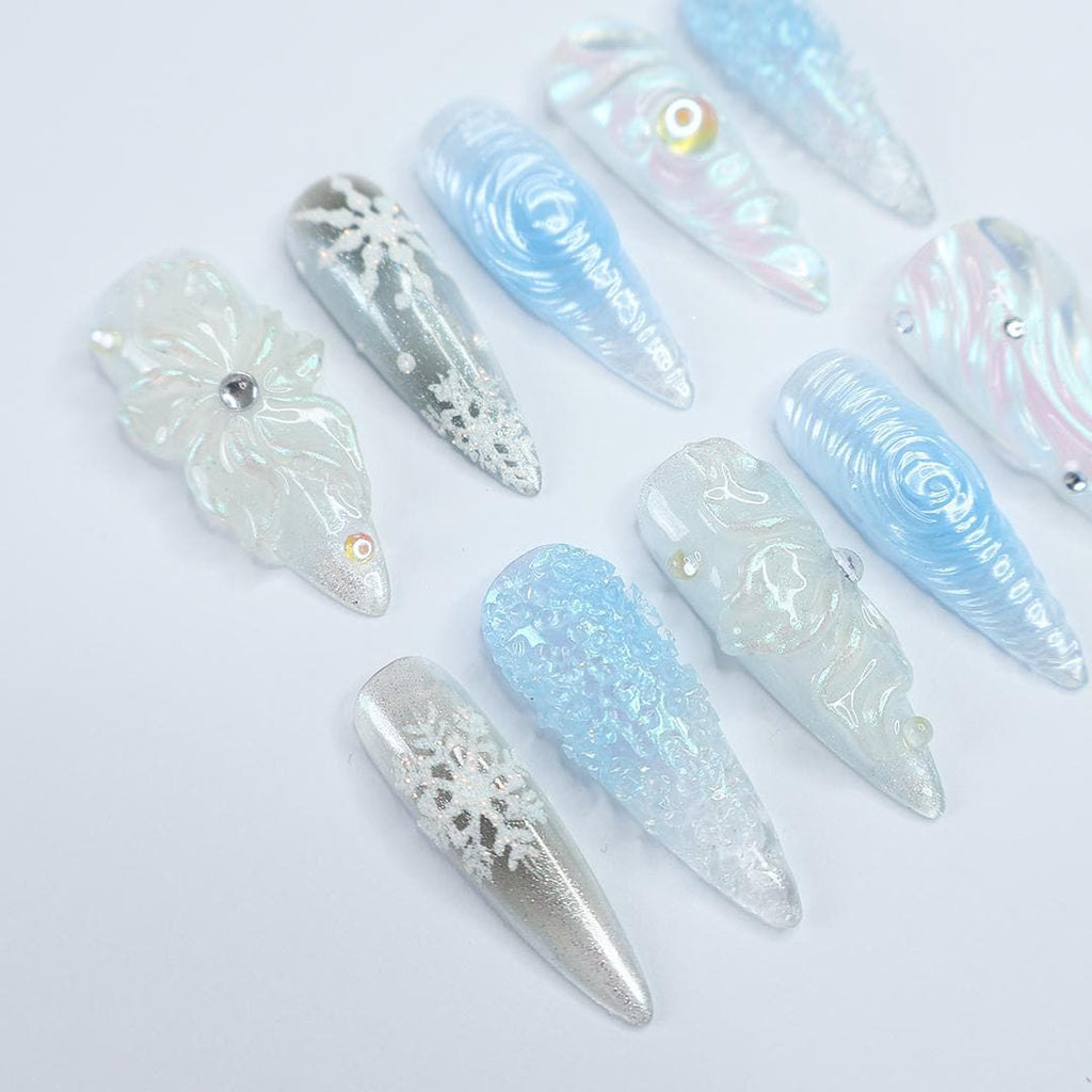 Chilly Elegance: Long Almond Press-On Nails Adorned with 3D Flowers, Perfectly Themed for Christmas Celebrations and Gifting