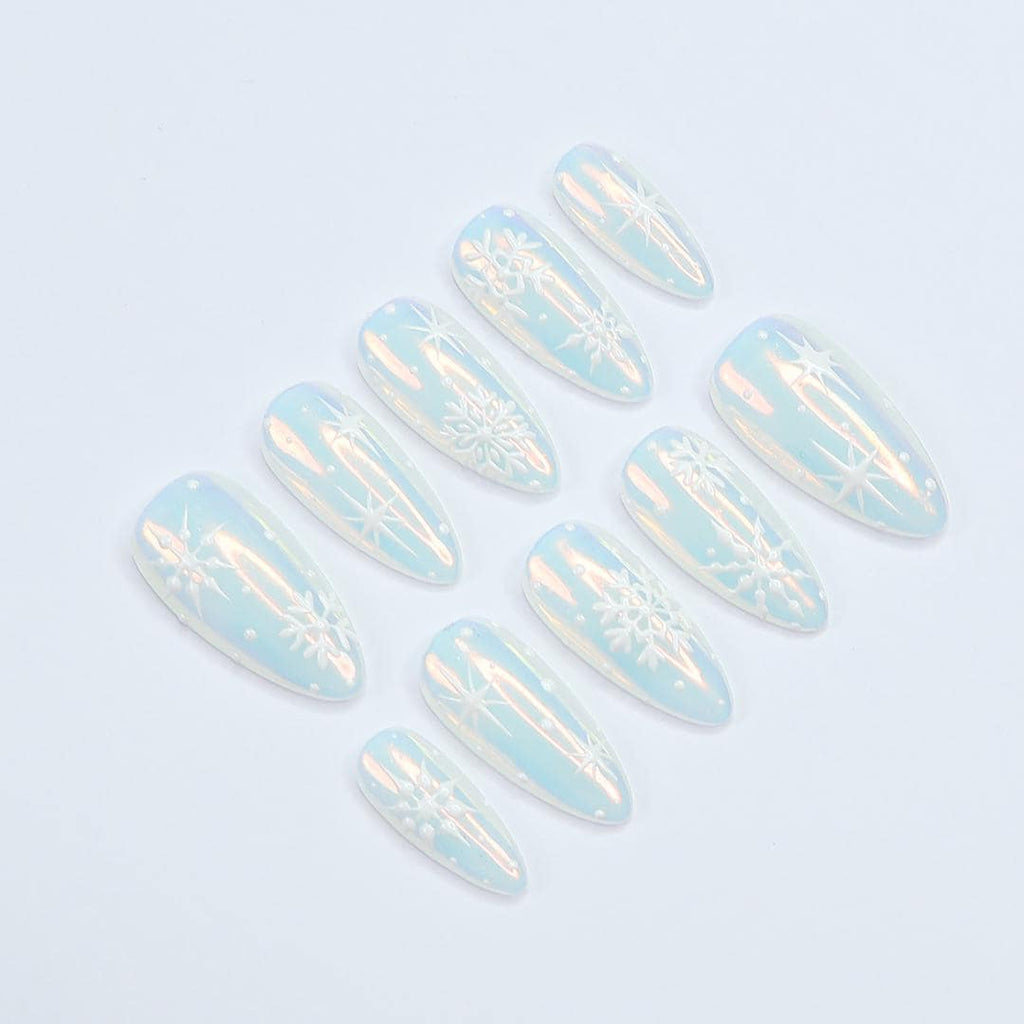 Chic Medium Almond Press-On Nails: Pearl Chrome & White Snow Design - Perfect for Christmas Day Glam or a Thoughtful Gift for Her