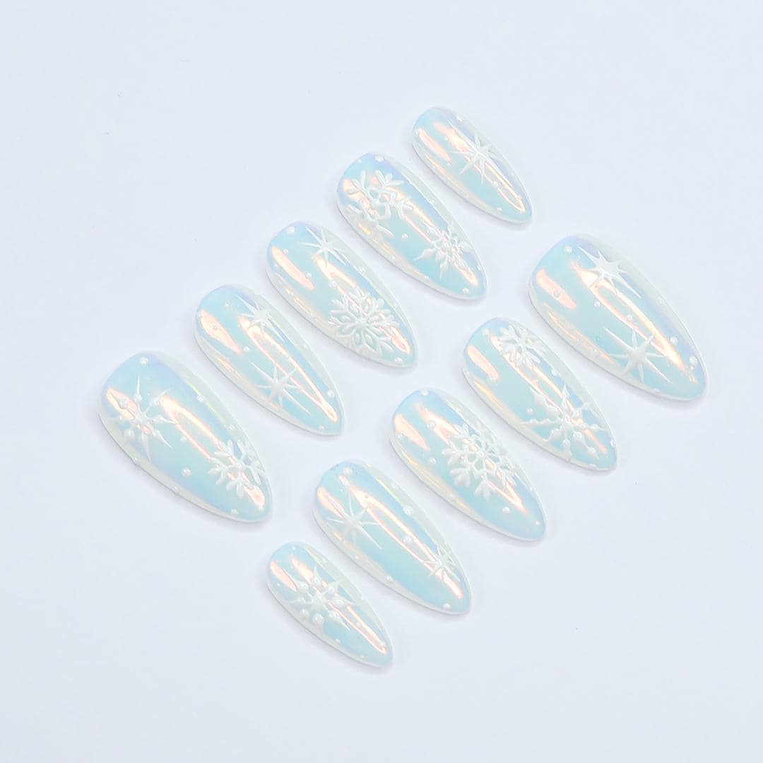 Chic Medium Almond Press-On Nails: Pearl Chrome & White Snow Design - Perfect for Christmas Day Glam or a Thoughtful Gift for Her