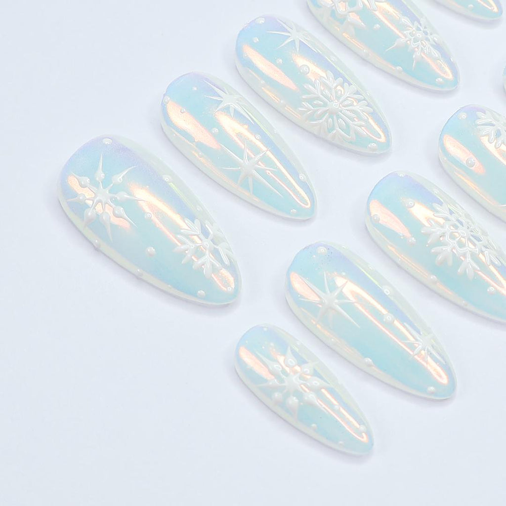 Chic Medium Almond Press-On Nails: Pearl Chrome & White Snow Design - Perfect for Christmas Day Glam or a Thoughtful Gift for Her