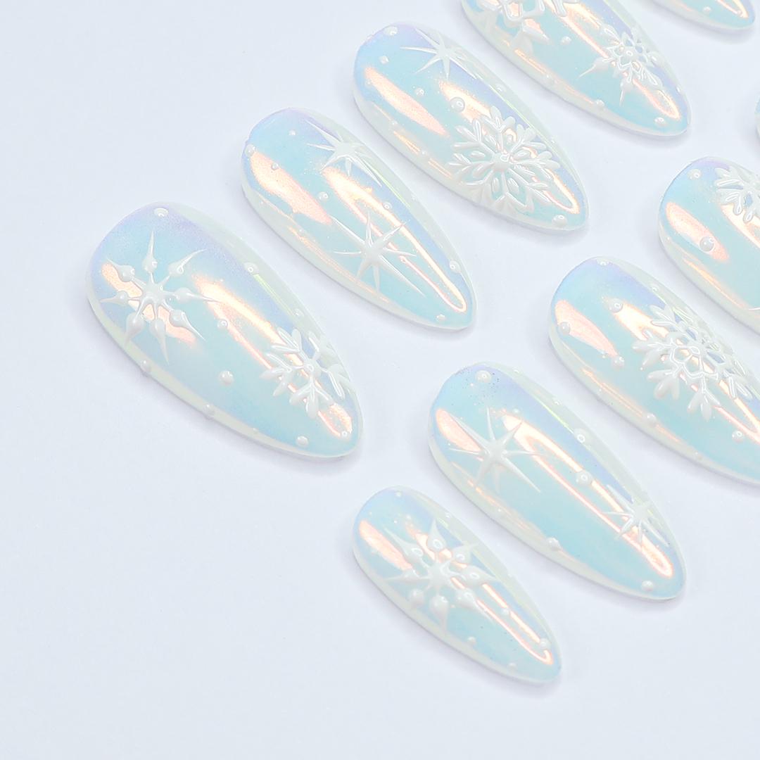 Chic Medium Almond Press-On Nails: Pearl Chrome & White Snow Design - Perfect for Christmas Day Glam or a Thoughtful Gift for Her