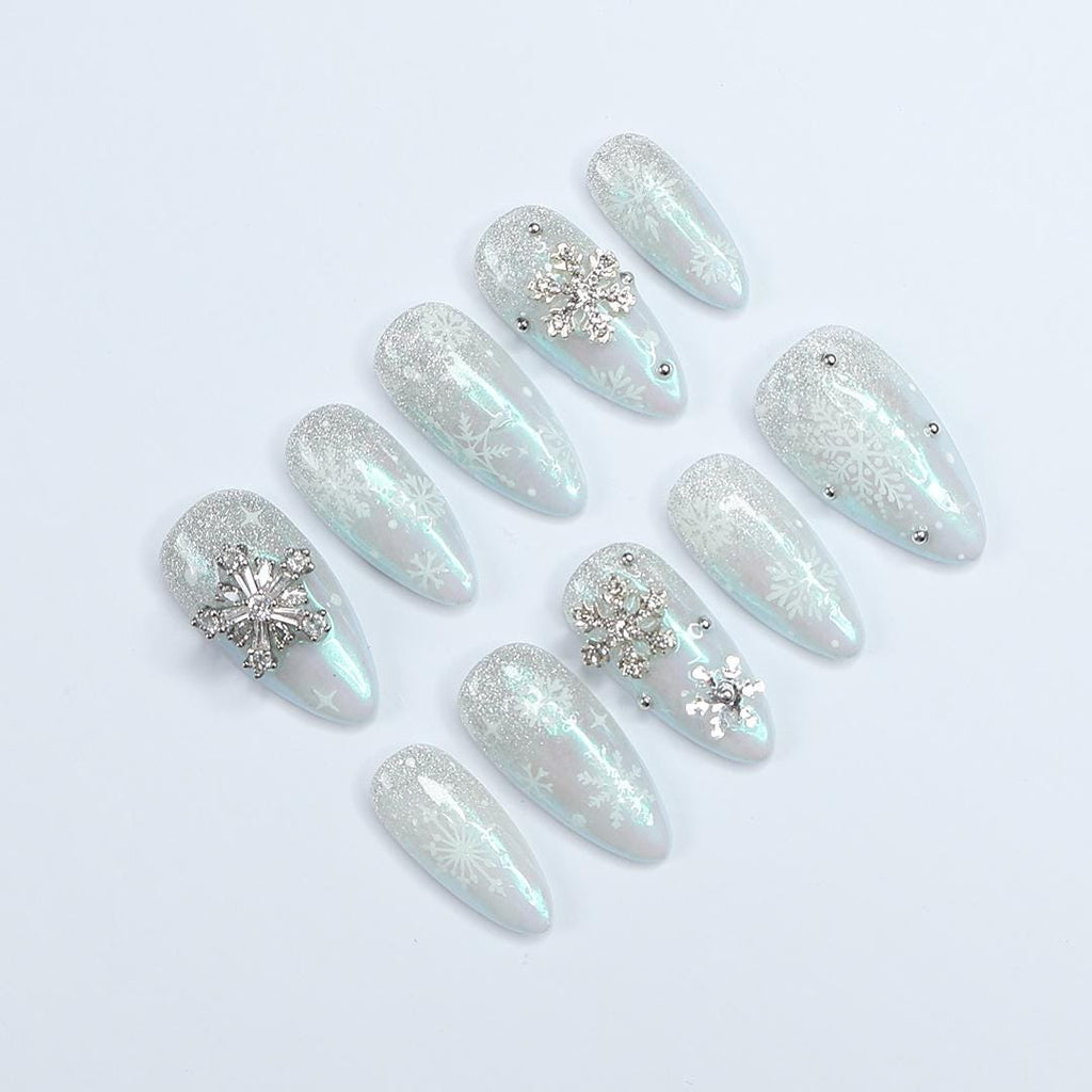 Elevate Your Holiday Spirit: Medium Almond Press-On Nails with White Crystal Snow - Perfect Sparkling Gift for Her This Christmas