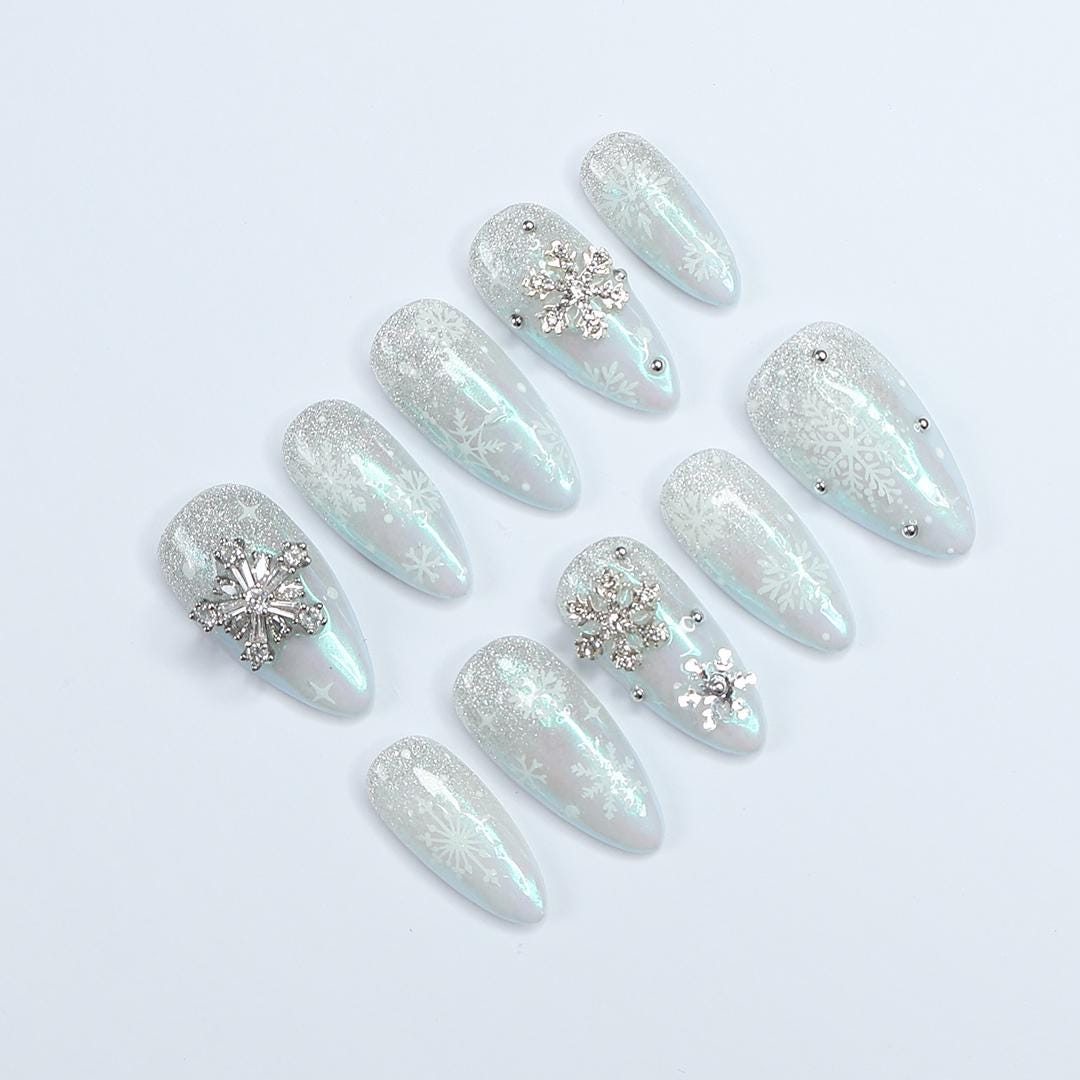 Elevate Your Holiday Spirit: Medium Almond Press-On Nails with White Crystal Snow - Perfect Sparkling Gift for Her This Christmas