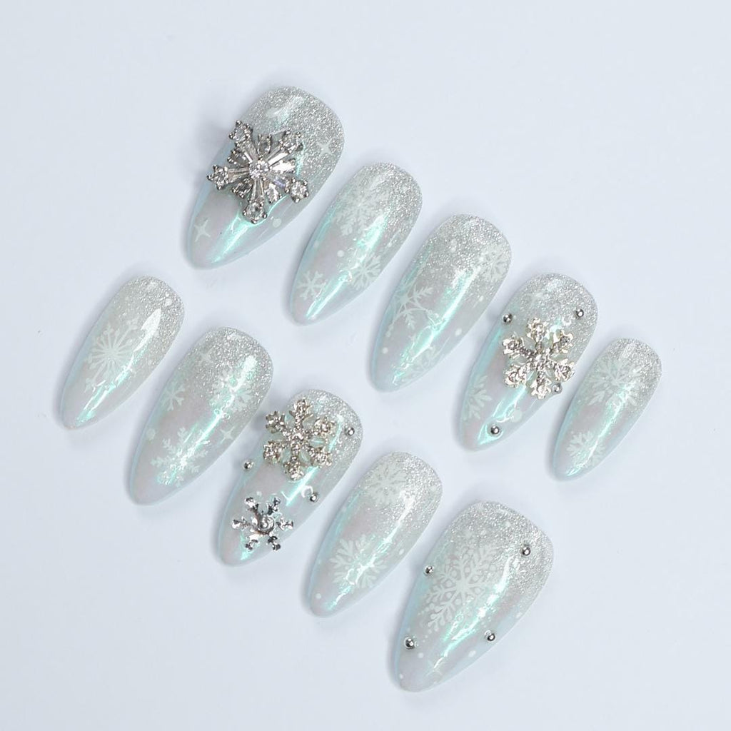 Elevate Your Holiday Spirit: Medium Almond Press-On Nails with White Crystal Snow - Perfect Sparkling Gift for Her This Christmas