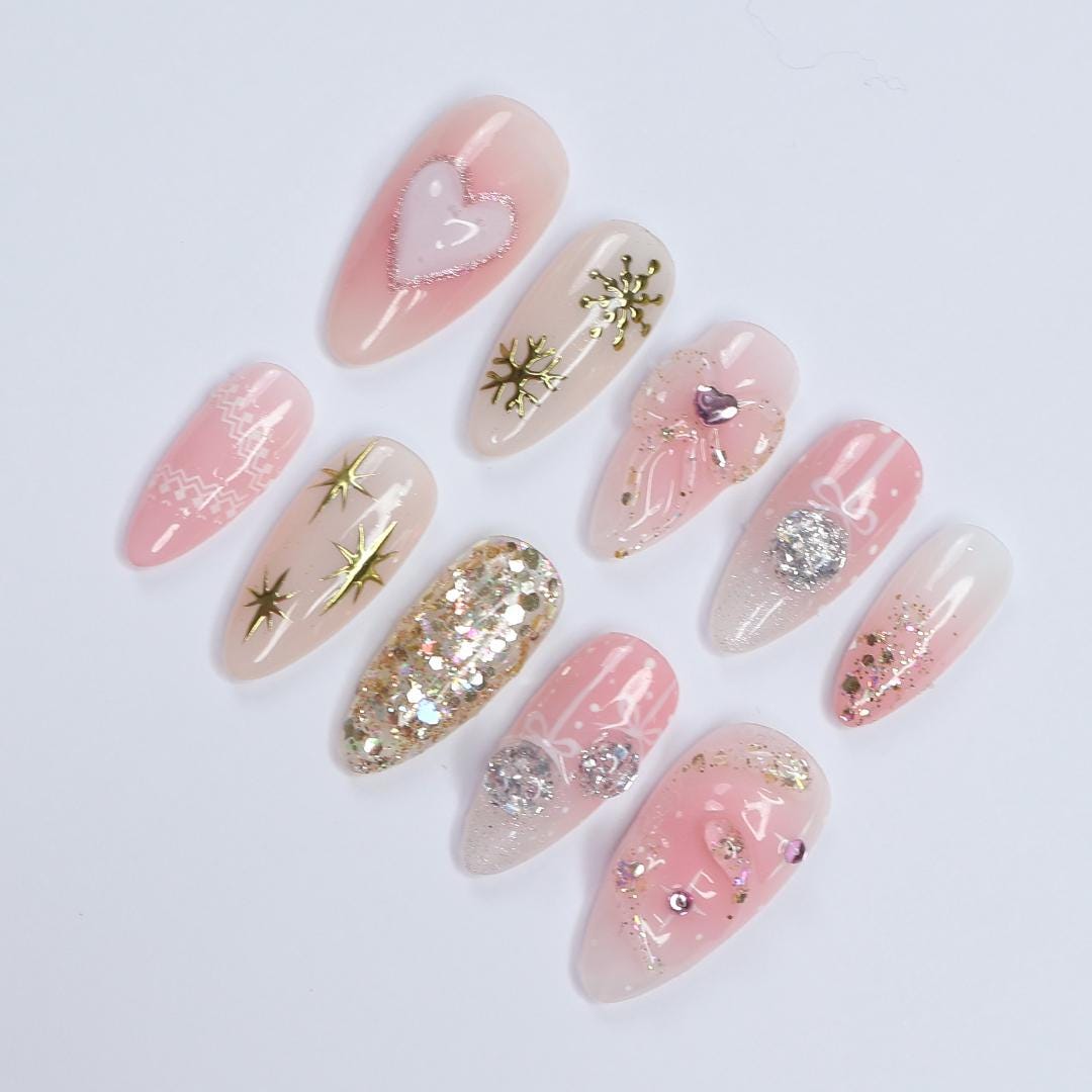 Adorable Medium Almond Press-On Nails: Festive Pink with Charming Bows & Sparkling Hearts, Perfect for Christmas Day or as a Gift for He