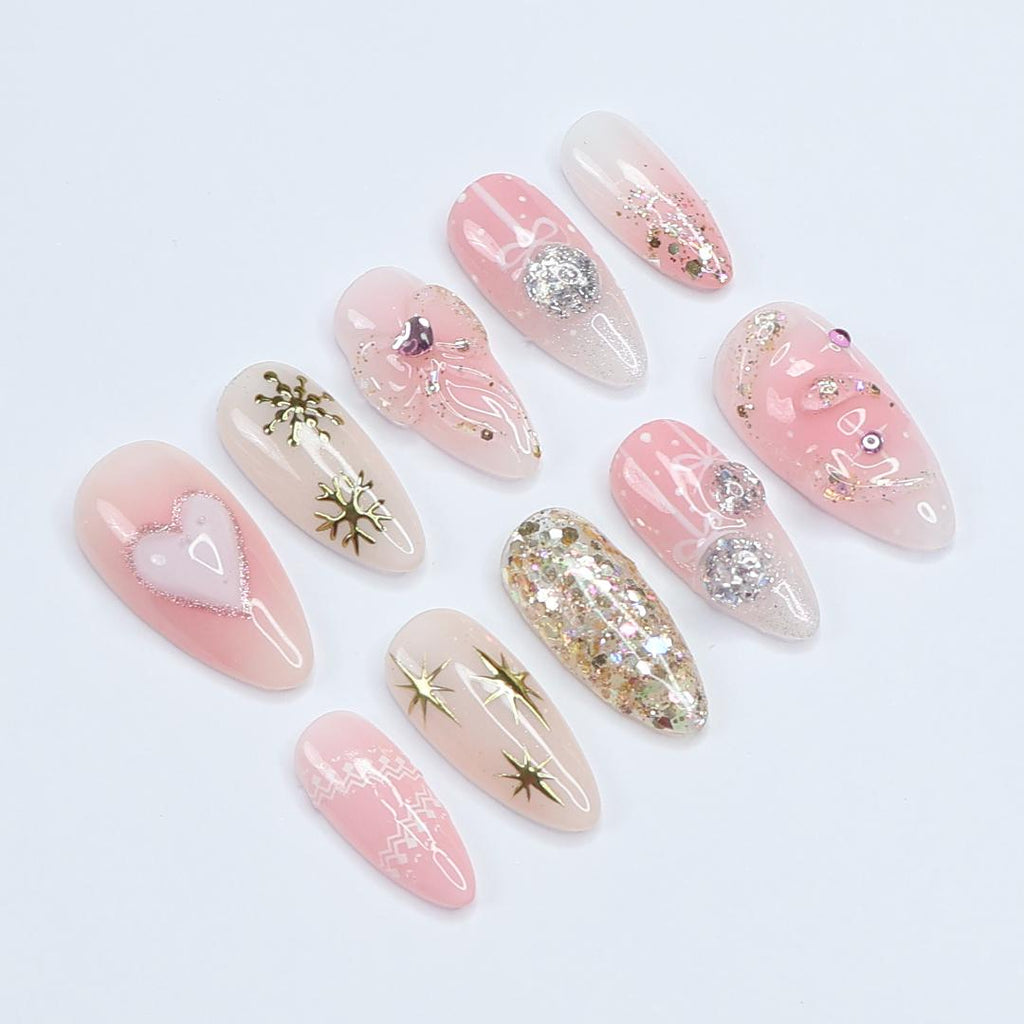 Adorable Medium Almond Press-On Nails: Festive Pink with Charming Bows & Sparkling Hearts, Perfect for Christmas Day or as a Gift for He