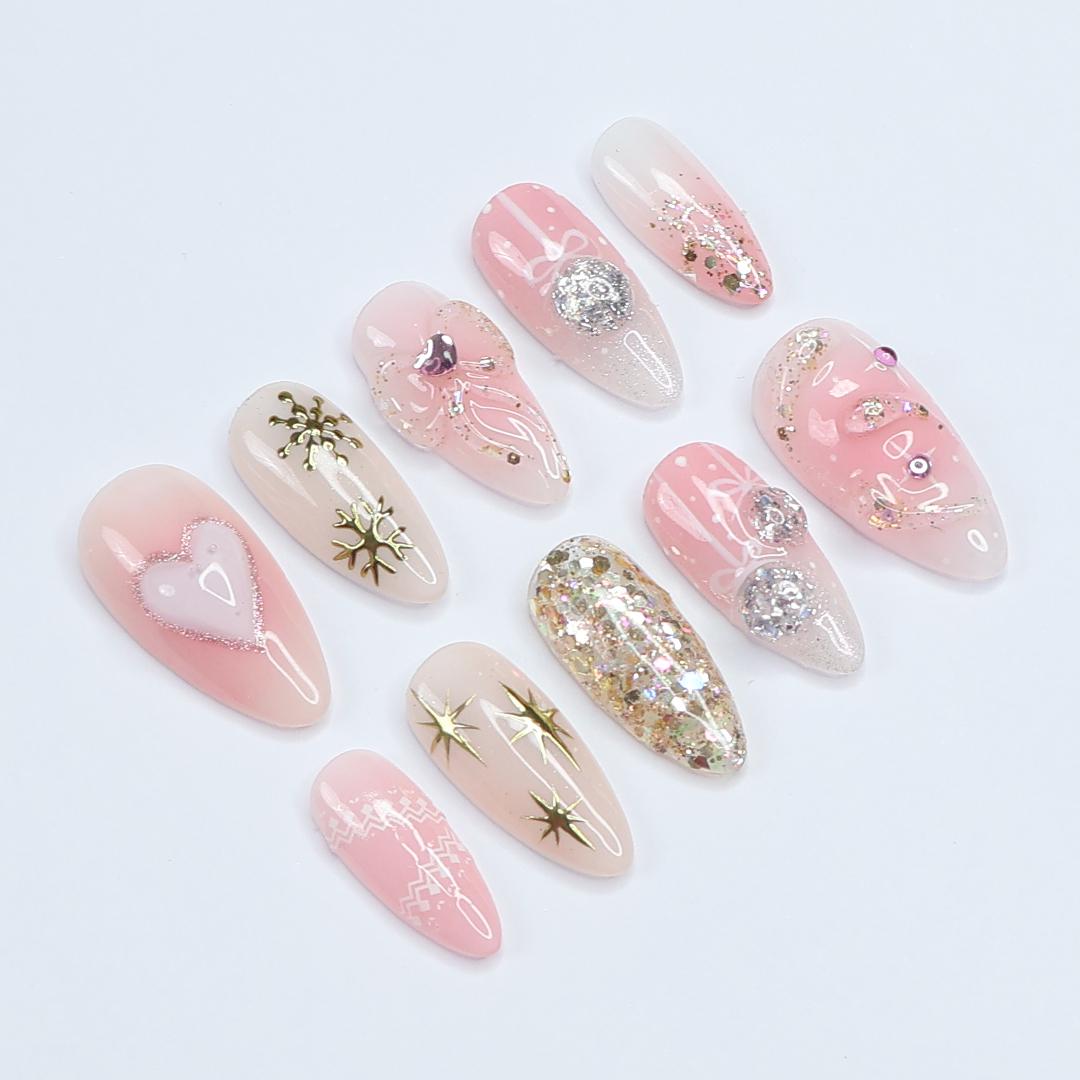 Adorable Medium Almond Press-On Nails: Festive Pink with Charming Bows & Sparkling Hearts, Perfect for Christmas Day or as a Gift for He
