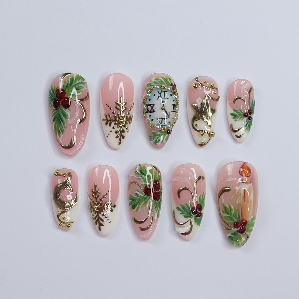 Elegant Bay Leaf Medium Almond Press-On Nails with Countdown Clock and Candle, Perfect for Christmas Day & the Ideal Gift for Her