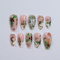 Elegant Bay Leaf Medium Almond Press-On Nails with Countdown Clock and Candle, Perfect for Christmas Day & the Ideal Gift for Her
