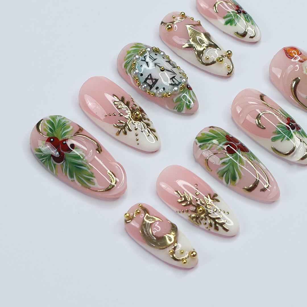 Elegant Bay Leaf Medium Almond Press-On Nails with Countdown Clock and Candle, Perfect for Christmas Day & the Ideal Gift for Her