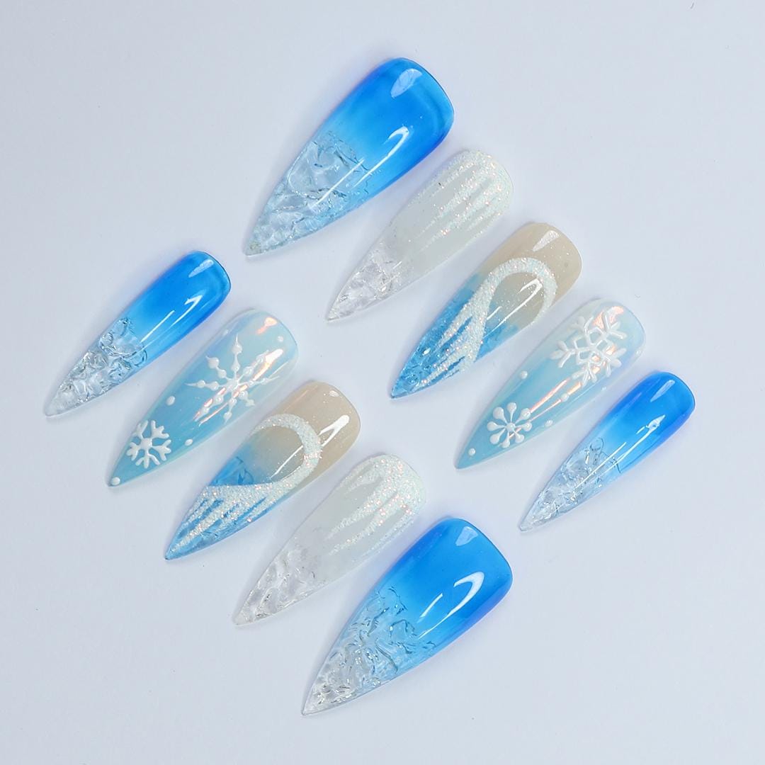 Chill Out This Christmas: Long Stiletto Press-On Nails in Icy Cold Elegance - Perfect Gift for Her to Shine in Holiday Style