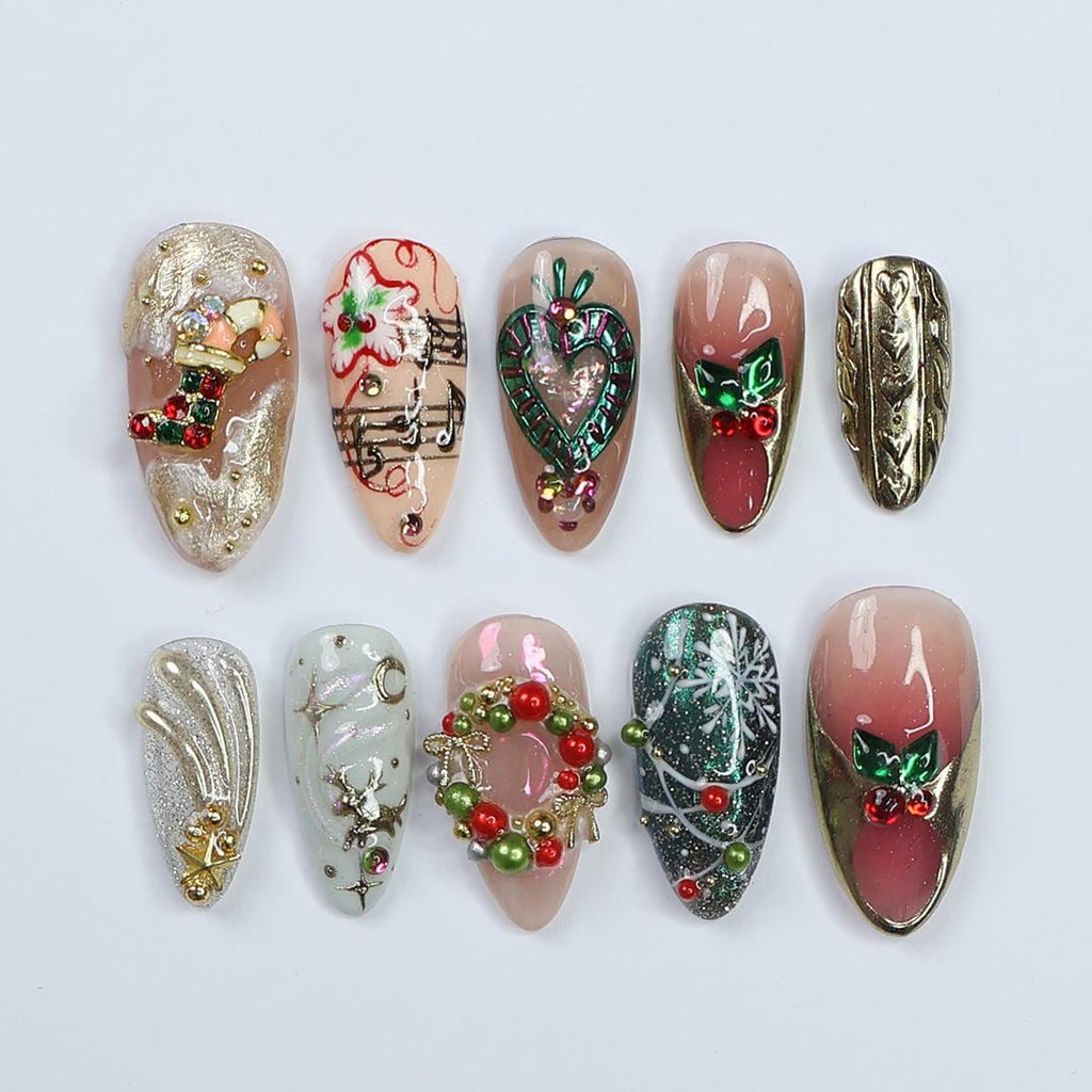 Festive Medium Almond Press-On Nails: Adorned with Laurel Wreaths, Music Notes, Socks & Hearts - Perfect Christmas Gift for Her