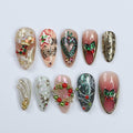 Festive Medium Almond Press-On Nails: Adorned with Laurel Wreaths, Music Notes, Socks & Hearts - Perfect Christmas Gift for Her