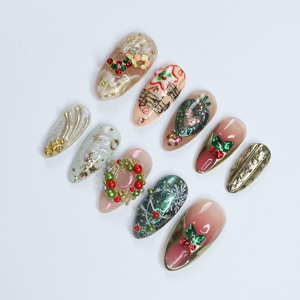 Festive Medium Almond Press-On Nails: Adorned with Laurel Wreaths, Music Notes, Socks & Hearts - Perfect Christmas Gift for Her