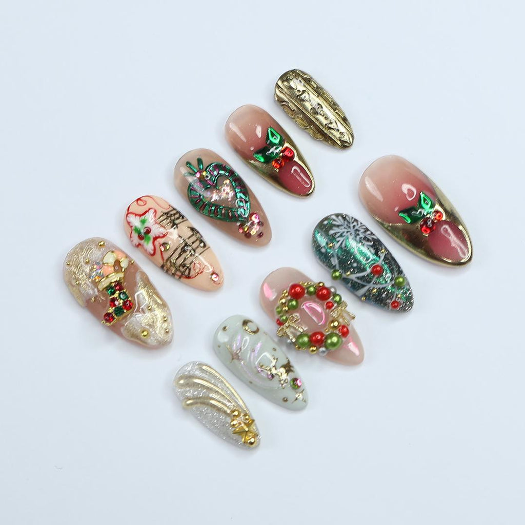 Festive Medium Almond Press-On Nails: Adorned with Laurel Wreaths, Music Notes, Socks & Hearts - Perfect Christmas Gift for Her