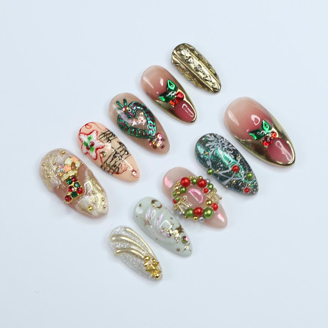 Festive Medium Almond Press-On Nails: Adorned with Laurel Wreaths, Music Notes, Socks & Hearts - Perfect Christmas Gift for Her