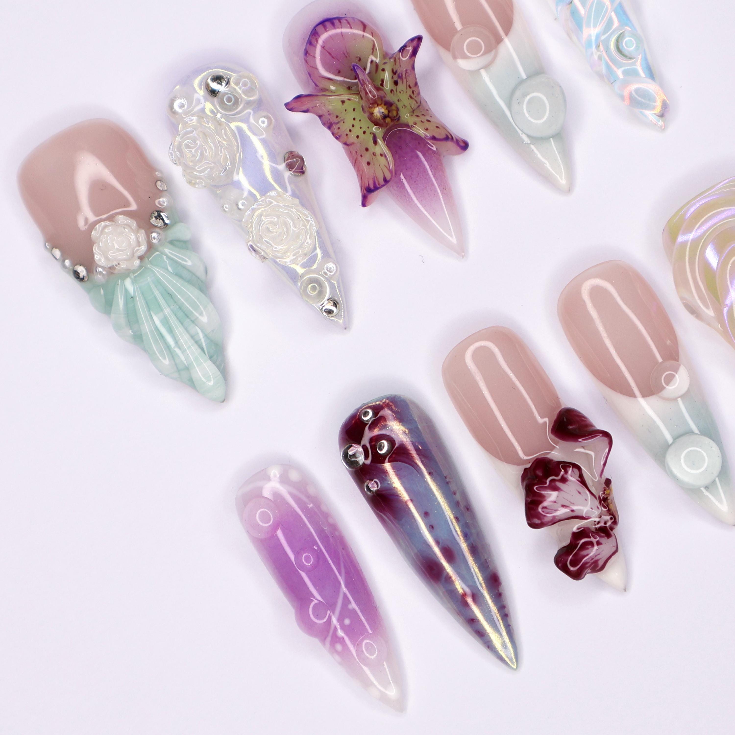 Freestyle 3D Seashell Gel Nail Long Stiletto Press On Nail, Custom Design Nail Art, Fake Nail for Birthday, Holiday Nail, Gift For Her