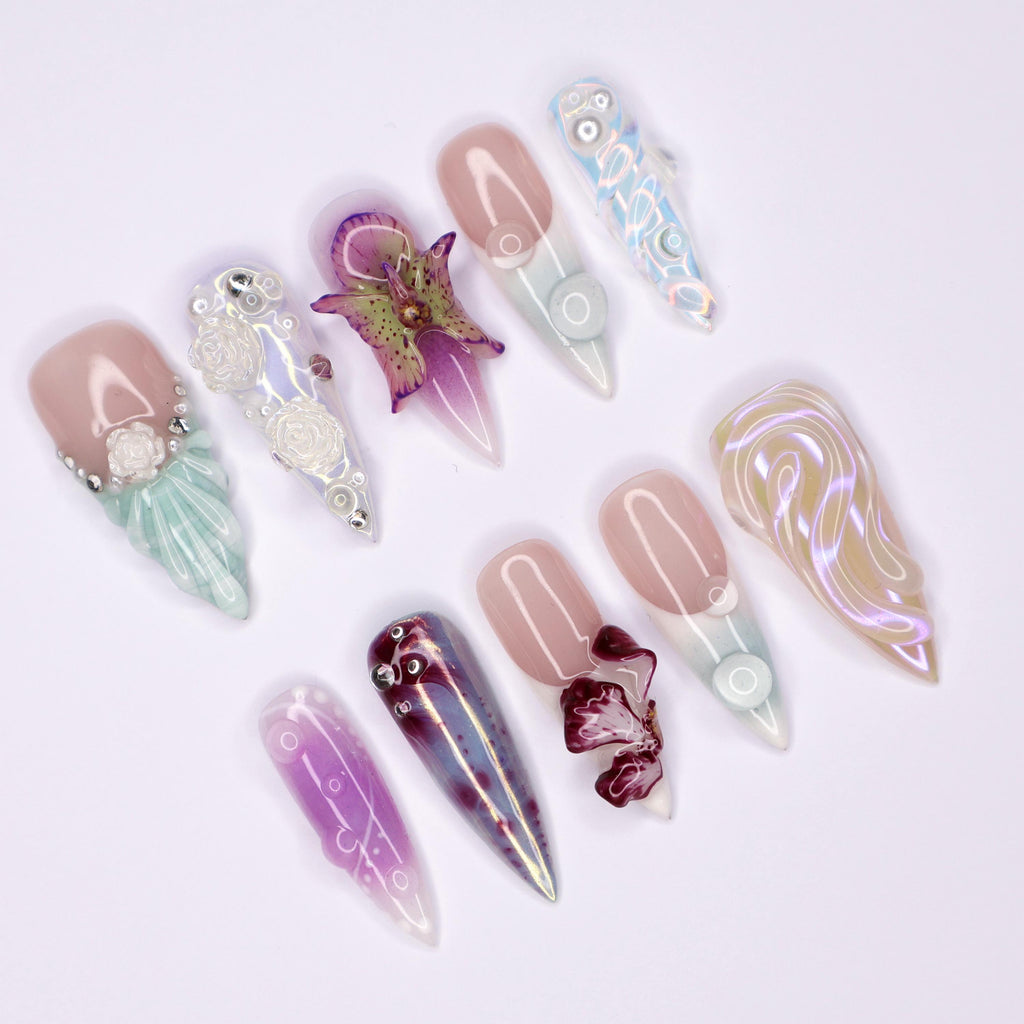 Freestyle 3D Seashell Gel Nail Long Stiletto Press On Nail, Custom Design Nail Art, Fake Nail for Birthday, Holiday Nail, Gift For Her