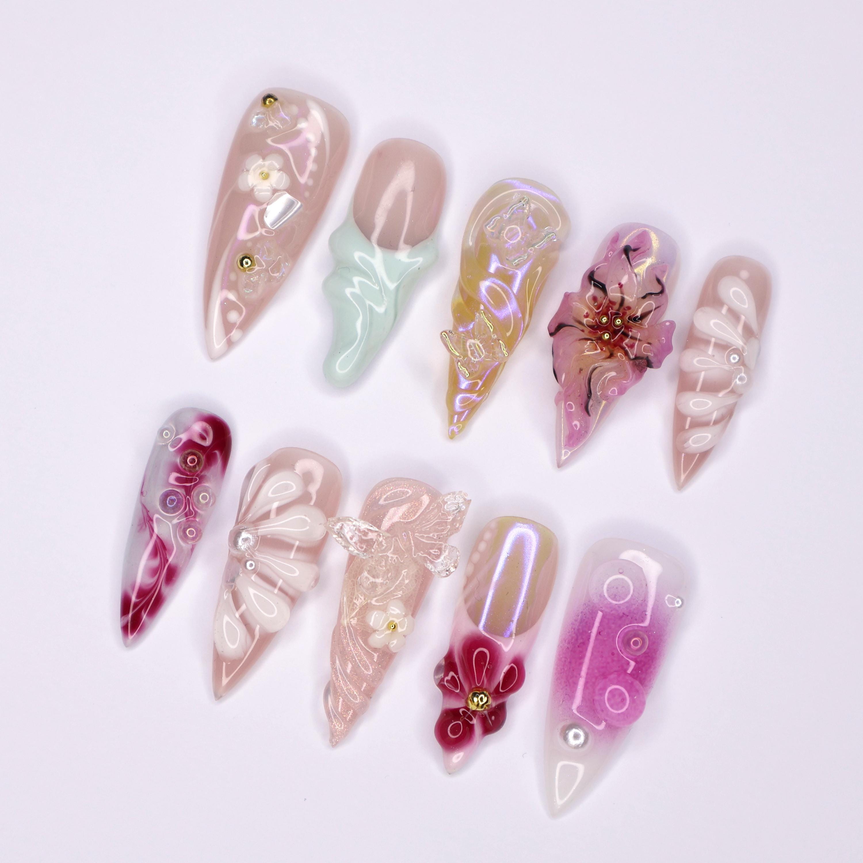 Stunning Long Stiletto Press-On Nails,3D Orchid flower, Butterfly Design & Chic Chrome Pearl Effect - Perfect for Glamorous Looks