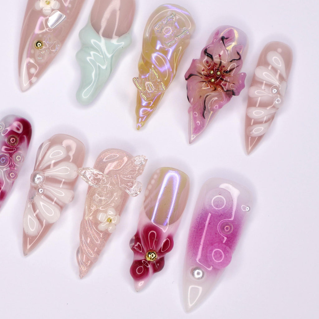 Stunning Long Stiletto Press-On Nails,3D Orchid flower, Butterfly Design & Chic Chrome Pearl Effect - Perfect for Glamorous Looks
