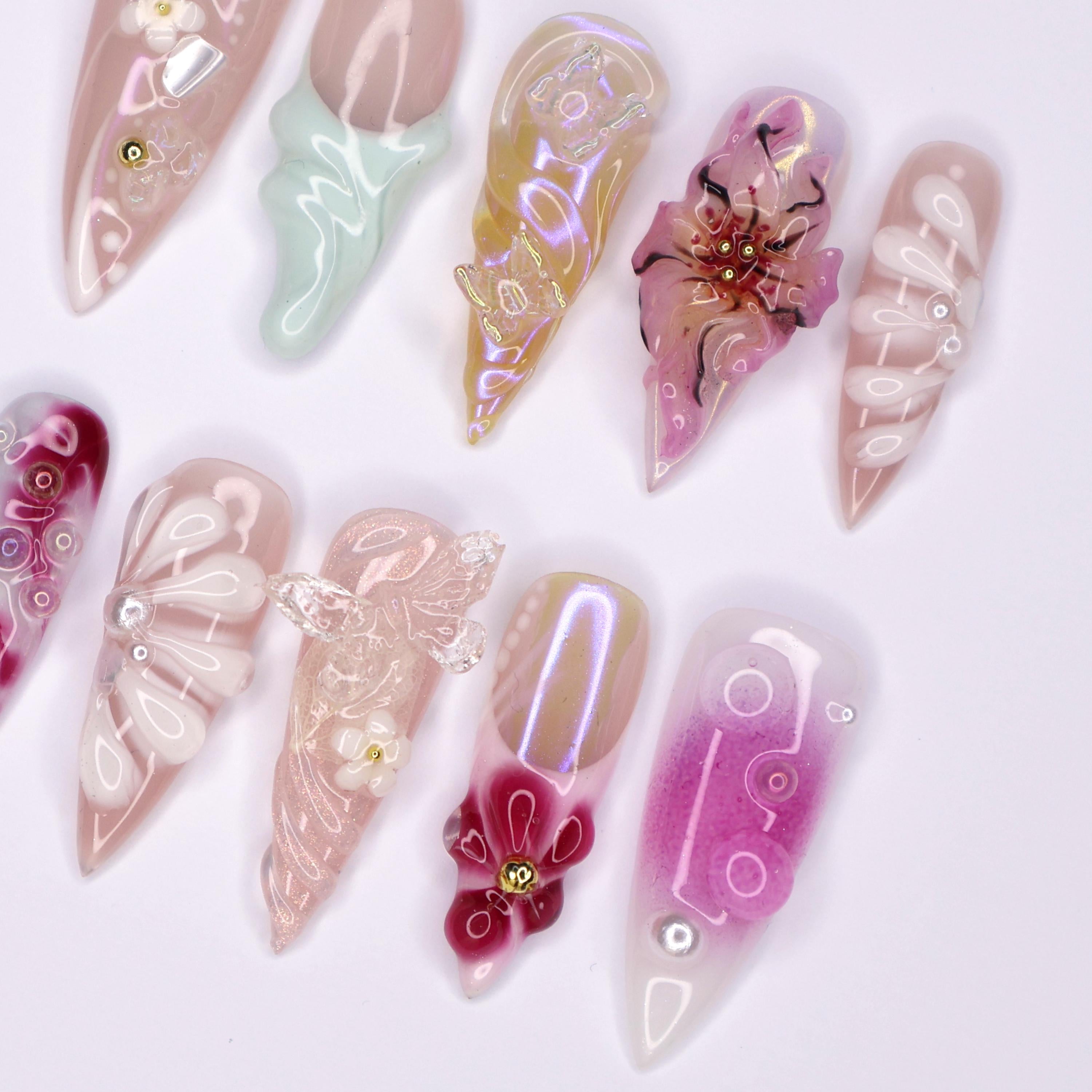 Stunning Long Stiletto Press-On Nails,3D Orchid flower, Butterfly Design & Chic Chrome Pearl Effect - Perfect for Glamorous Looks