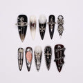 Elegant Gothic Stiletto Press-On Nails: Silver Cross Charm & Planet Accents on Chic French Tips with Intricate Chain Details