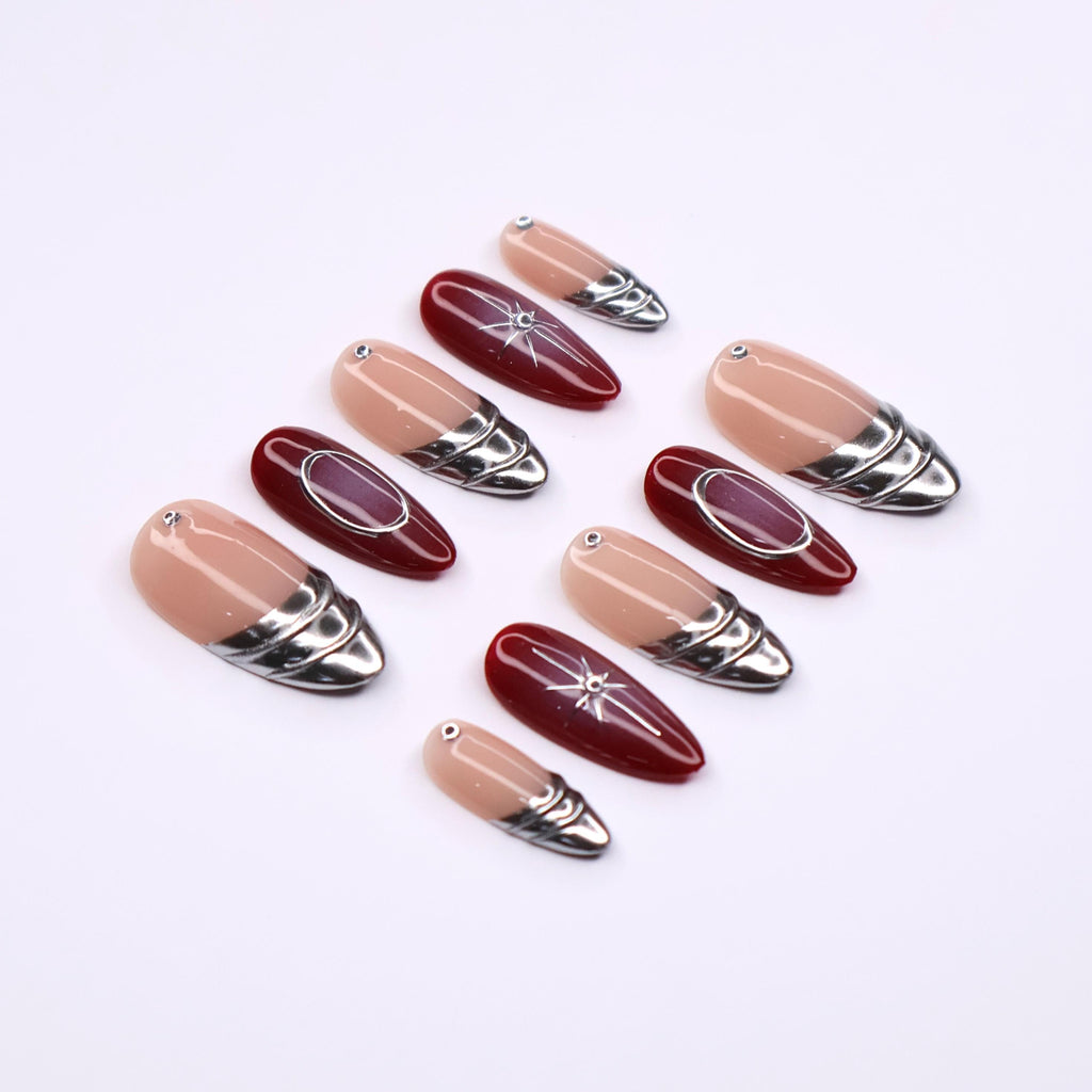 Chic Medium Almond Press-On Nails: Silver French Tips with Red Aura & Lined Silver Detail - Perfect for Effortless Daily Elegance
