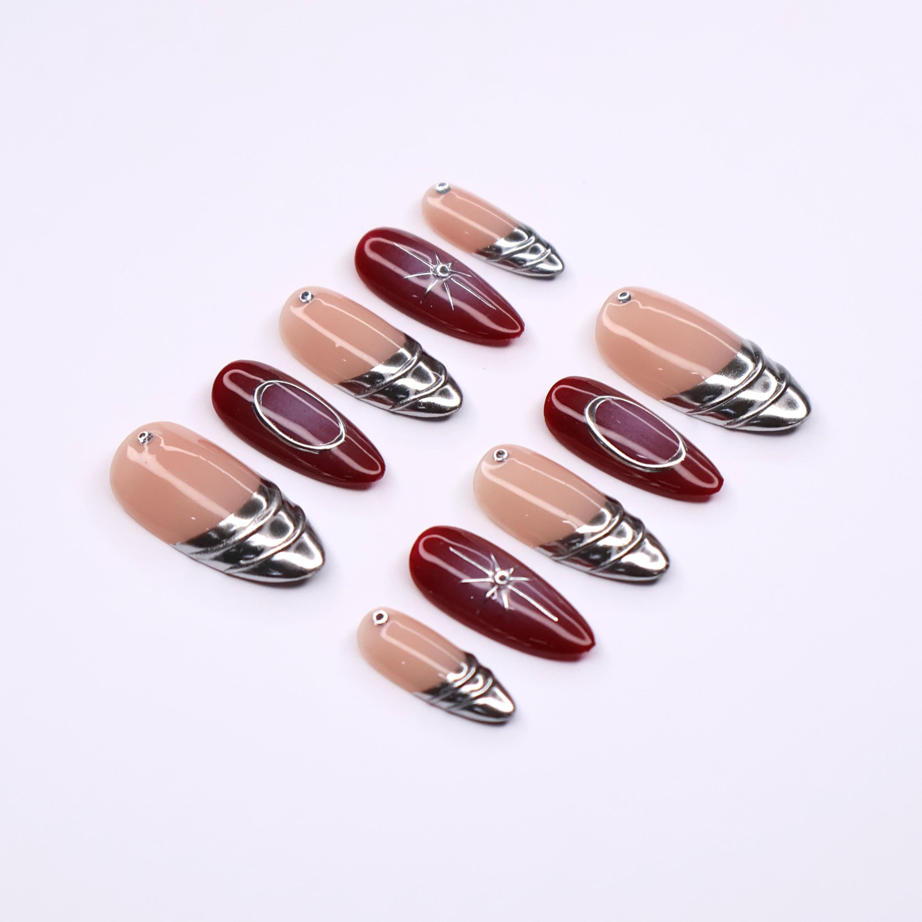 Chic Medium Almond Press-On Nails: Silver French Tips with Red Aura & Lined Silver Detail - Perfect for Effortless Daily Elegance