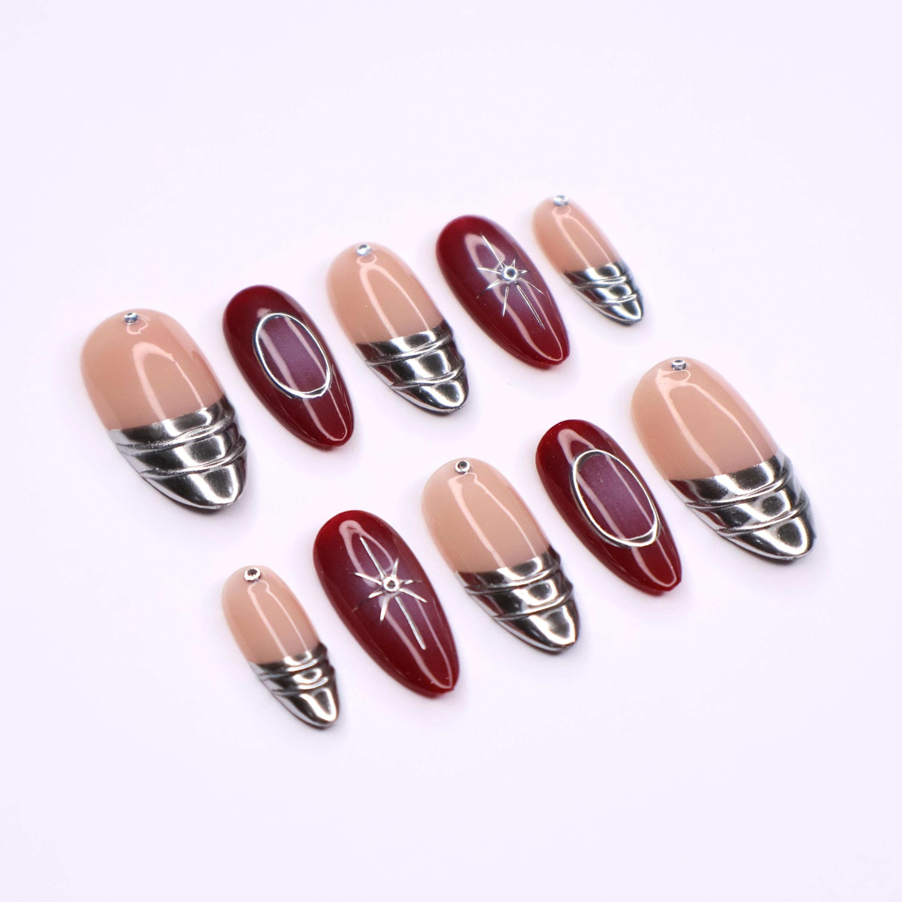 Chic Medium Almond Press-On Nails: Silver French Tips with Red Aura & Lined Silver Detail - Perfect for Effortless Daily Elegance
