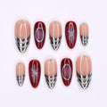 Chic Medium Almond Press-On Nails: Silver French Tips with Red Aura & Lined Silver Detail - Perfect for Effortless Daily Elegance