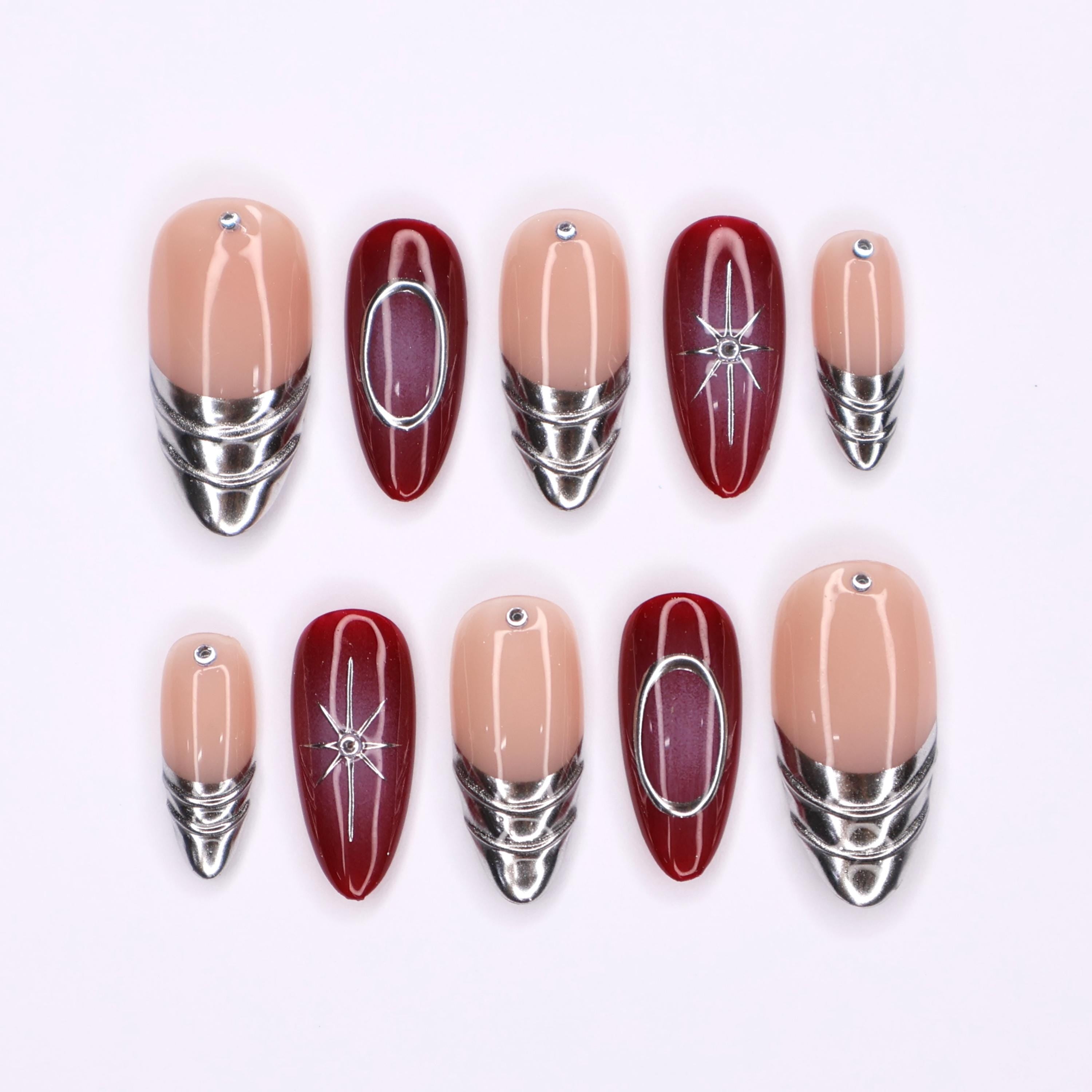 Chic Medium Almond Press-On Nails: Silver French Tips with Red Aura & Lined Silver Detail - Perfect for Effortless Daily Elegance