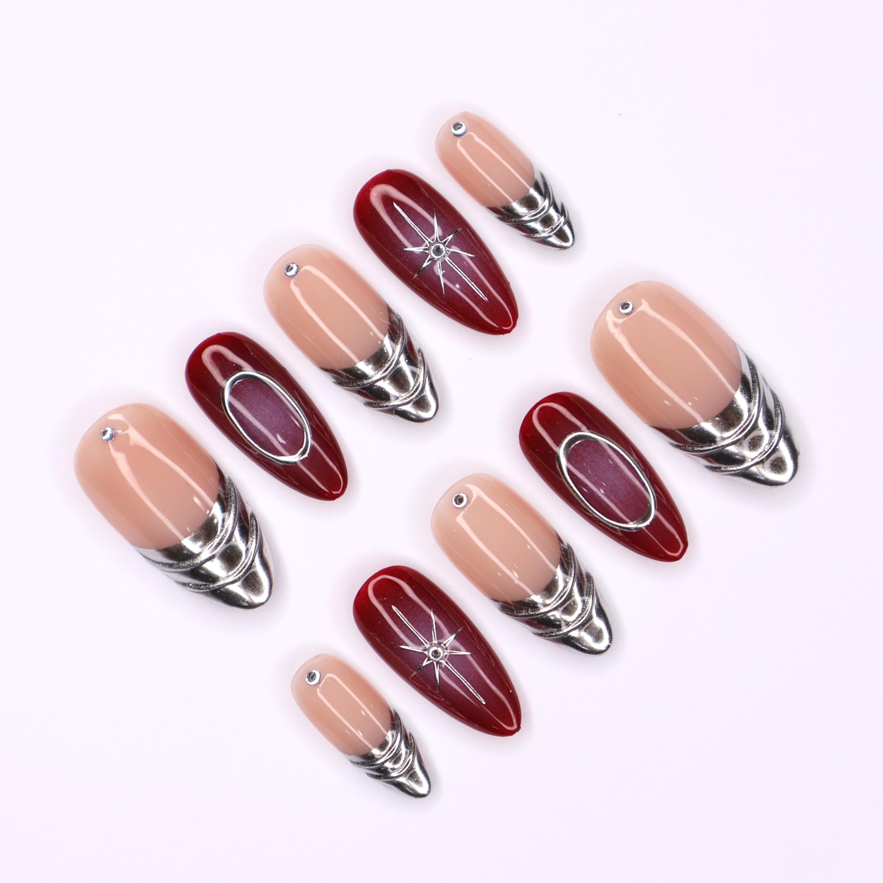 Chic Medium Almond Press-On Nails: Silver French Tips with Red Aura & Lined Silver Detail - Perfect for Effortless Daily Elegance