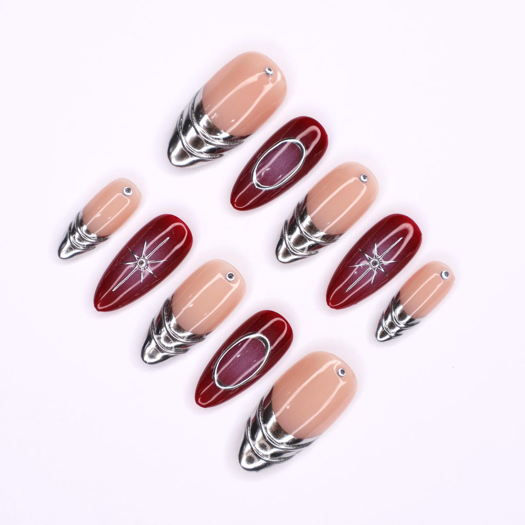Chic Medium Almond Press-On Nails: Silver French Tips with Red Aura & Lined Silver Detail - Perfect for Effortless Daily Elegance