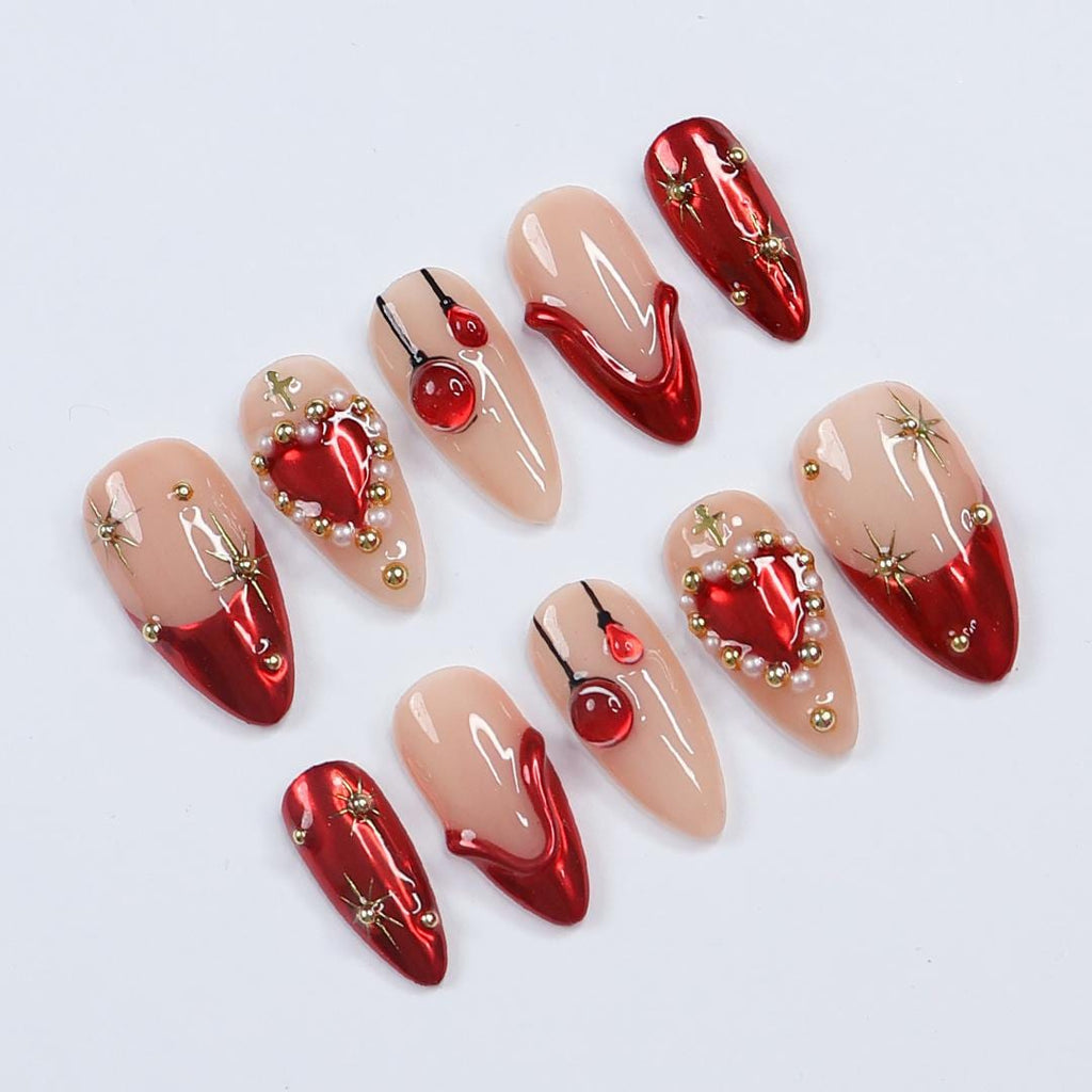 Festive Elegance: Dark Red Christmas Press-On Nails with Heart Designs & Golden Gems - Perfect Holiday Accessory or a Gift for Her