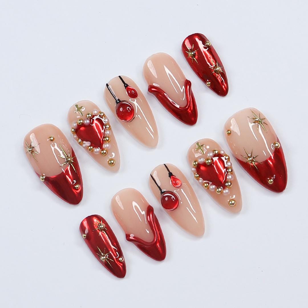 Festive Elegance: Dark Red Christmas Press-On Nails with Heart Designs & Golden Gems - Perfect Holiday Accessory or a Gift for Her