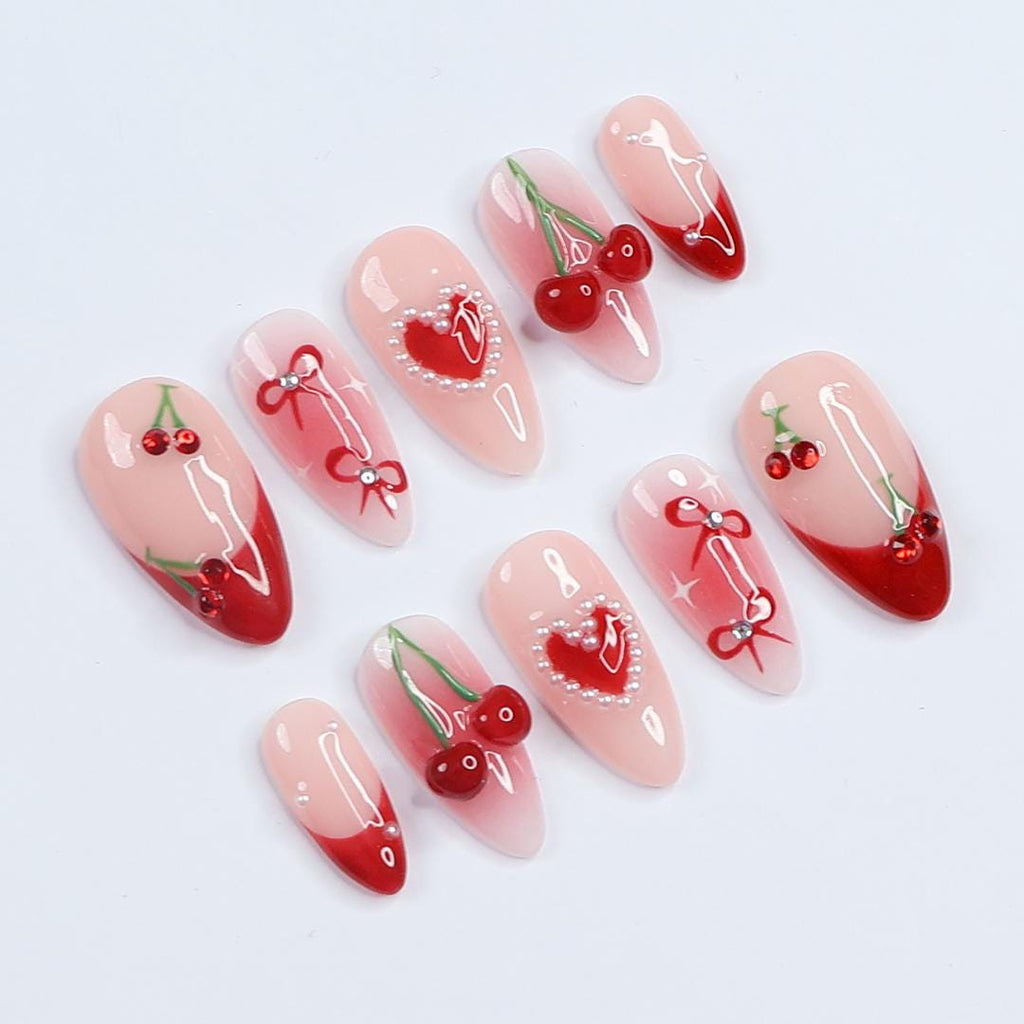 Sweet Cherry Delight, Red Theme Press-On Nails Adorned with Charming Bows and Elegant White Pearls, Perfect for Holiday or a Gift for Her