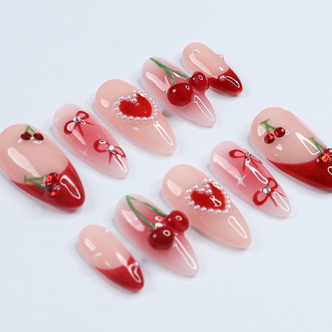 Sweet Cherry Delight, Red Theme Press-On Nails Adorned with Charming Bows and Elegant White Pearls, Perfect for Holiday or a Gift for Her