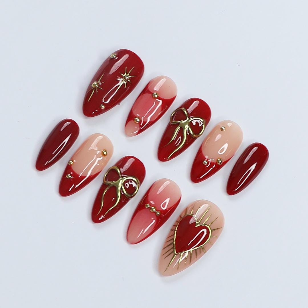 Valentine Elegance, Dark Red Press-On Nails with Heart Designs & Golden Gems - Perfect Holiday Accessory or a Gift for Her